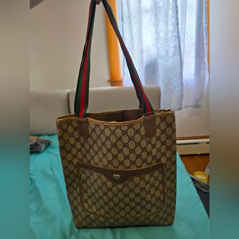 Gucci Monogram Tote Bag with Sherry Line Red and Green Straps